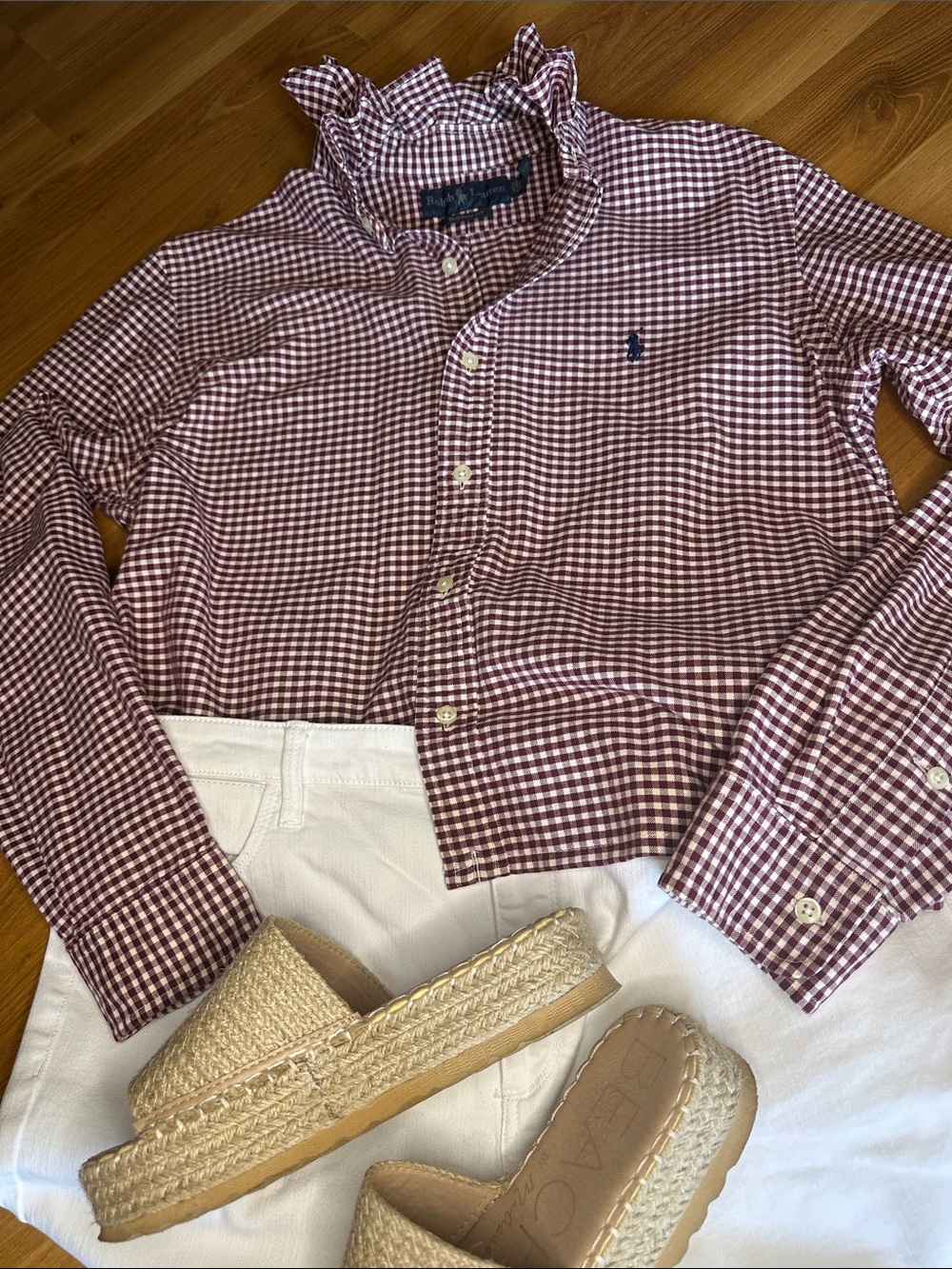Polo by Ralph Lauren Maroon Gingham Button-Down Shirt Ruffled Collar